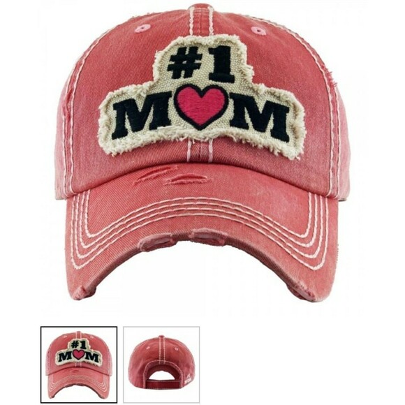 Accessories - #1 MOM Baseball Cap Distressed Red Coral NWT